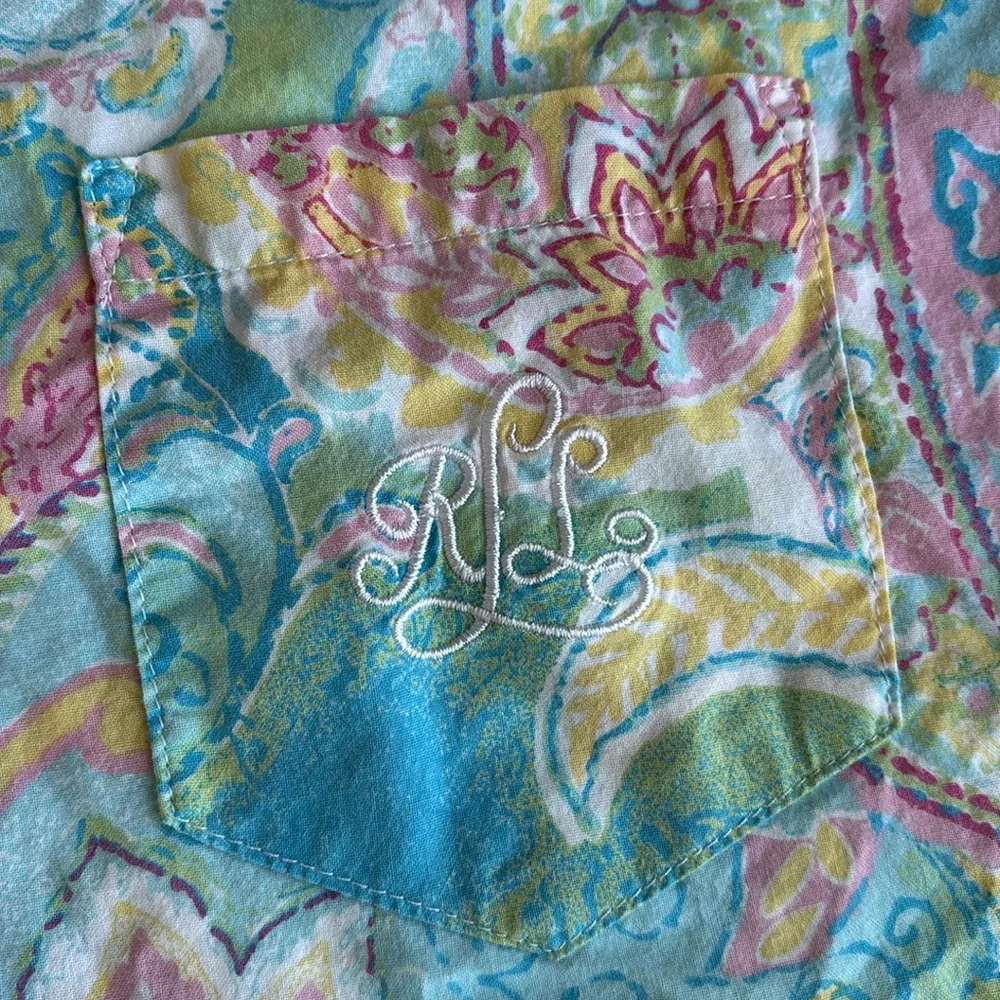 Vintage‎ Ralph Lauren Blue Pink Floral Monogram 3/4 Sleeve Pajama Top Women’s XL